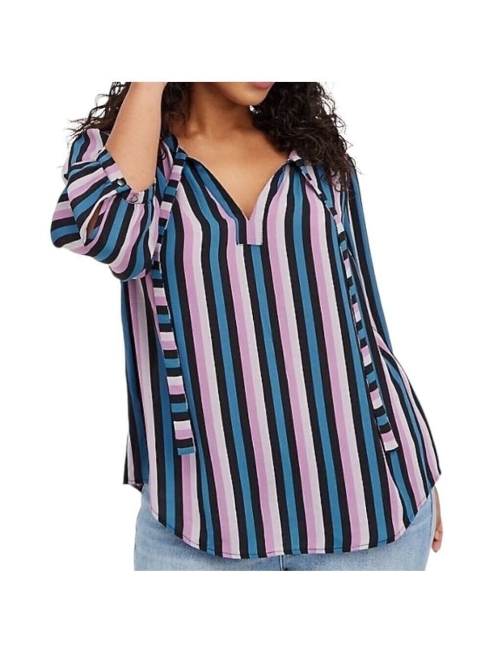 TORRID Easy Care Poly Striped Balloon Sleeve Blouse Split Vee Neck w/ Tie Sz 3X